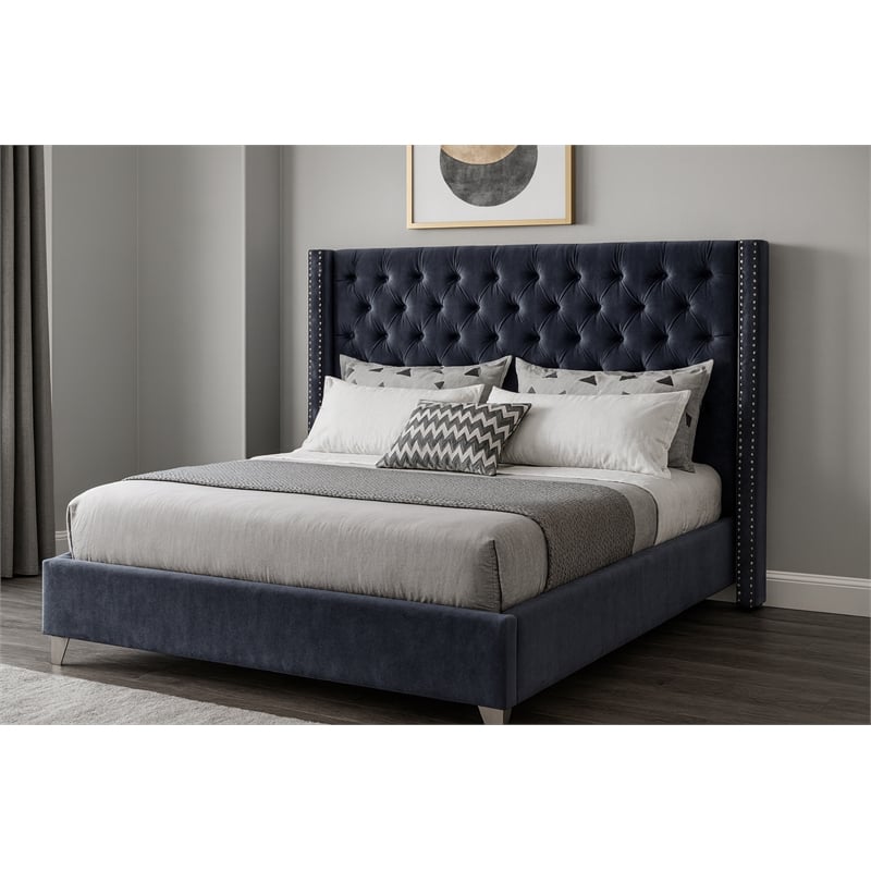 Meridian Furniture Aiden Solid Wood Tufted Velvet Wing Back Full Bed in Gray