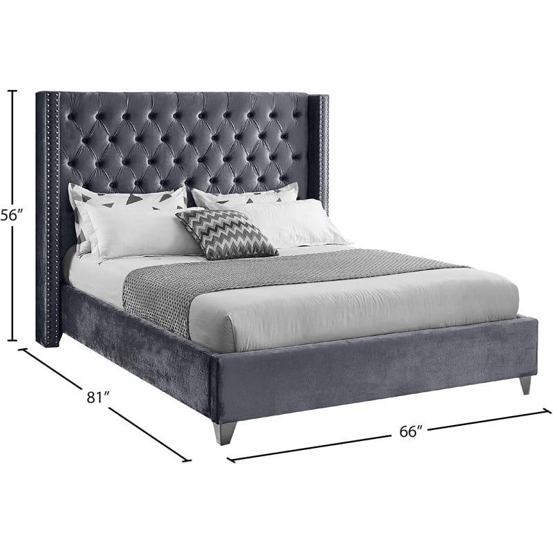 Meridian Furniture Aiden Solid Wood Tufted Velvet Wing Back Full Bed in Gray
