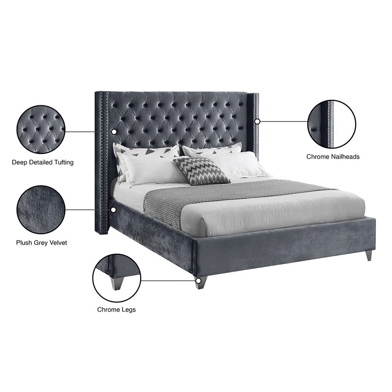 Meridian Furniture Aiden Solid Wood Tufted Velvet Wing Back Full Bed in Gray