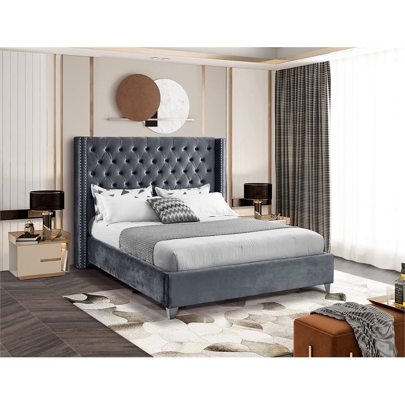 Meridian Furniture Aiden Solid Wood/Tufted Velvet Wing Back King Bed in Gray