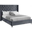 Meridian Furniture Aiden Solid Wood Tufted Velvet Wing Back Queen Bed in Gray
