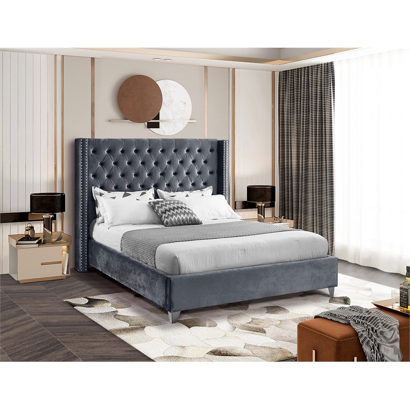 Meridian Furniture Aiden Solid Wood Tufted Velvet Wing Back Queen Bed in Gray