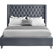 Meridian Furniture Aiden Solid Wood Tufted Velvet Wing Back Queen Bed in Gray