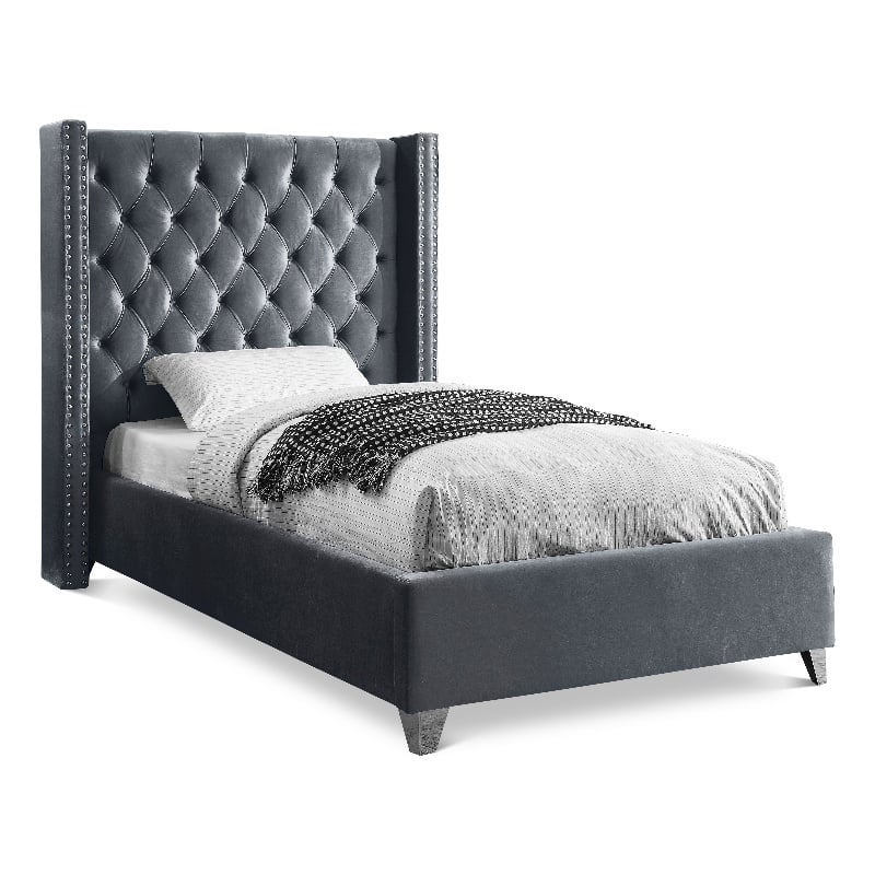 Meridian Furniture Aiden Solid Wood Tufted Velvet Wing Back Twin Bed in Gray