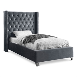 Meridian Furniture Aiden Solid Wood Tufted Velvet Wing Back Twin Bed in Gray