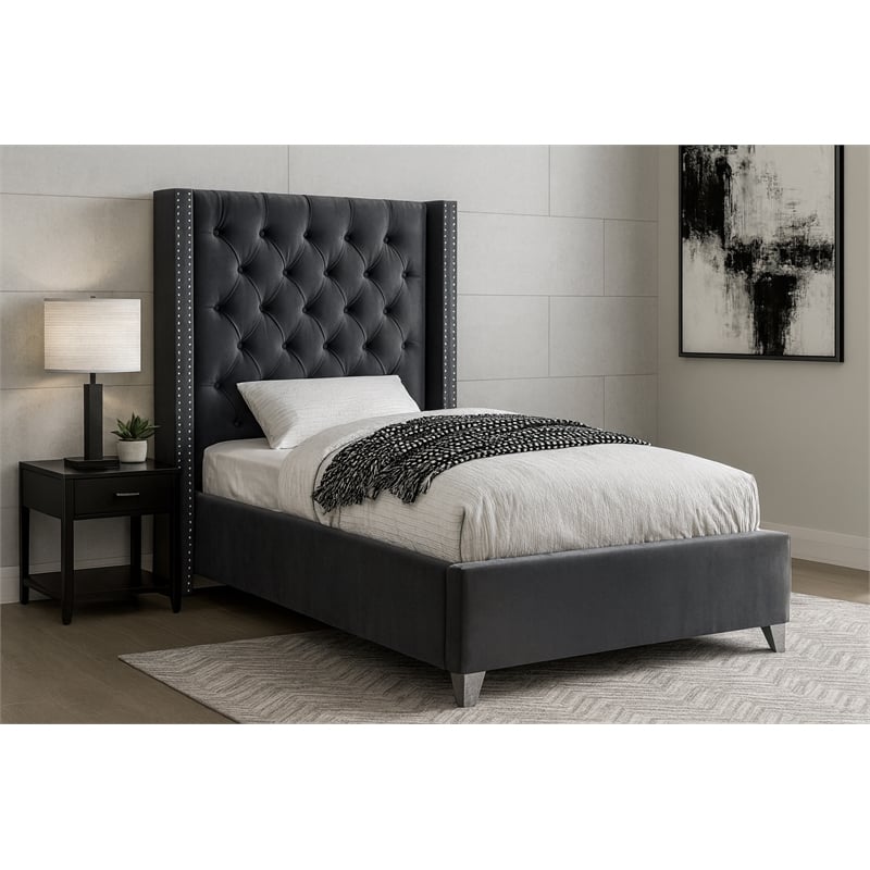 Meridian Furniture Aiden Solid Wood Tufted Velvet Wing Back Twin Bed in Gray