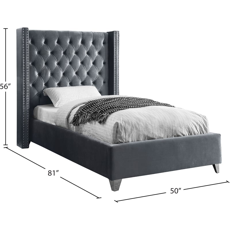 Meridian Furniture Aiden Solid Wood Tufted Velvet Wing Back Twin Bed in Gray