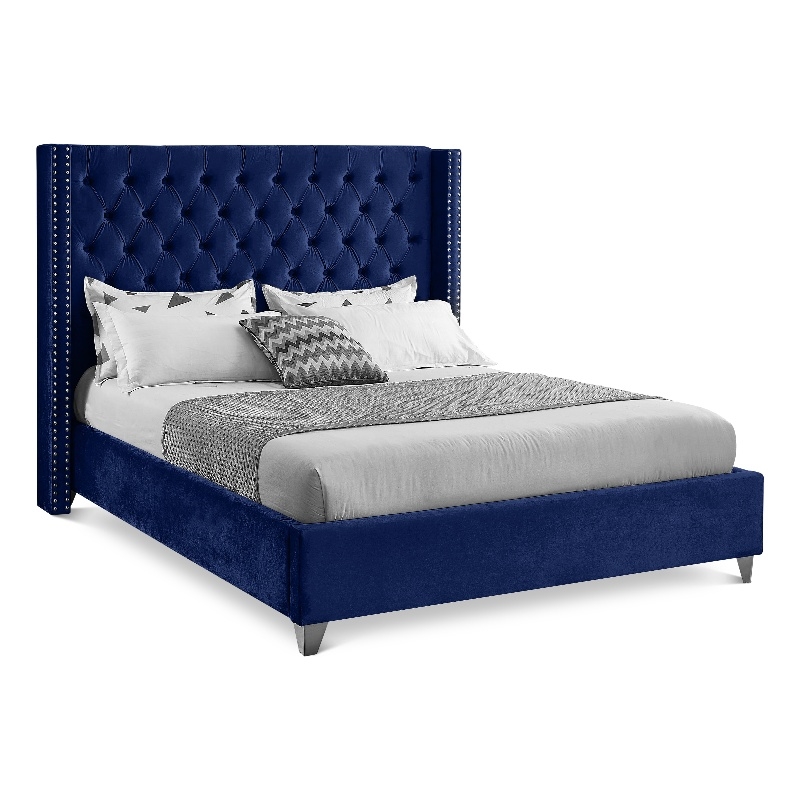 Meridian Furniture Aiden Solid Wood/Tufted Velvet Wing Back Full Bed in Navy