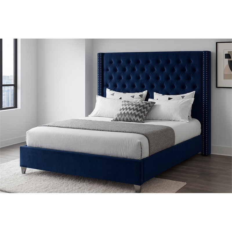 Meridian Furniture Aiden Solid Wood/Tufted Velvet Wing Back Full Bed in Navy