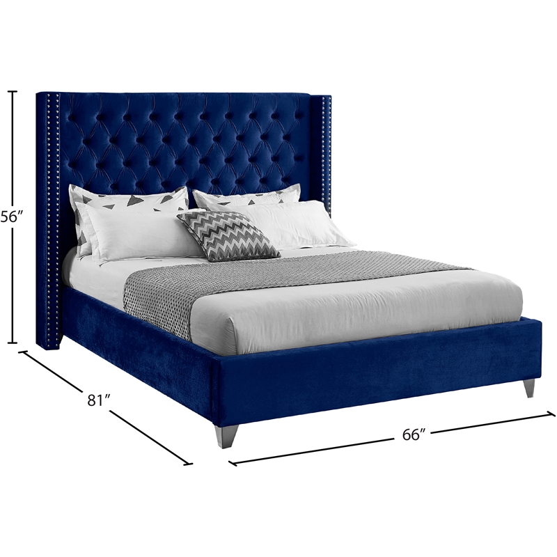 Meridian Furniture Aiden Solid Wood/Tufted Velvet Wing Back Full Bed in Navy