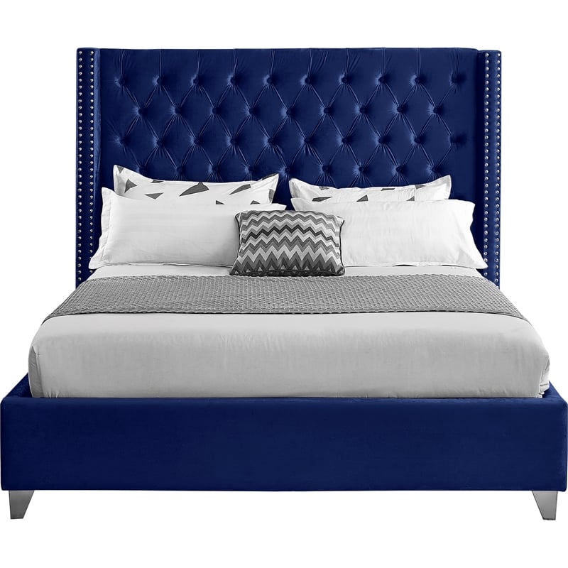Meridian Furniture Aiden Solid Wood Tufted Velvet Wing Back King Bed in Navy