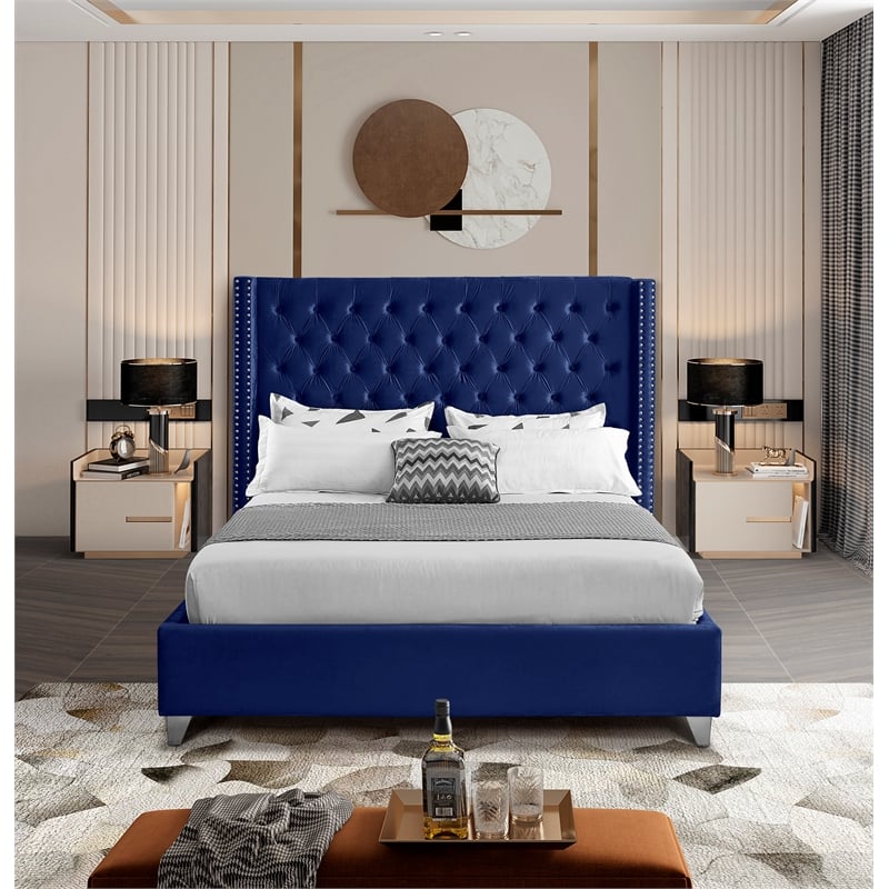 Meridian Furniture Aiden Solid Wood Tufted Velvet Wing Back King Bed in Navy