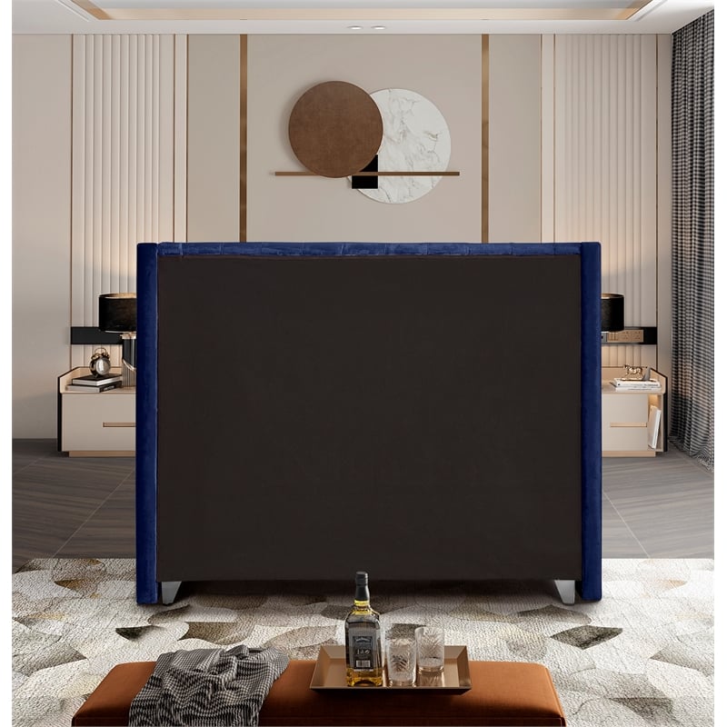 Meridian Furniture Aiden Solid Wood Tufted Velvet Wing Back King Bed in Navy