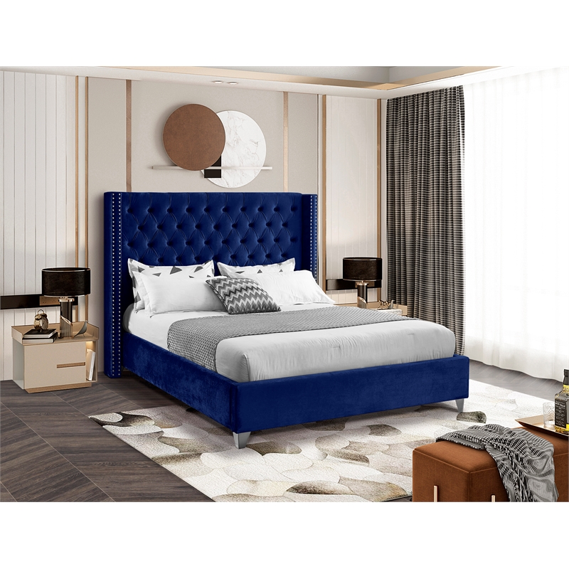 Meridian Furniture Aiden Solid Wood Tufted Velvet Wing Back Queen Bed in Navy