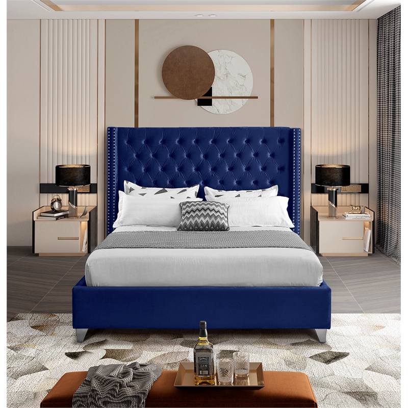 Meridian Furniture Aiden Solid Wood Tufted Velvet Wing Back Queen Bed in Navy