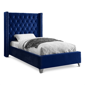 Meridian Furniture Aiden Solid Wood Tufted Velvet Wing Back Twin Bed in Navy