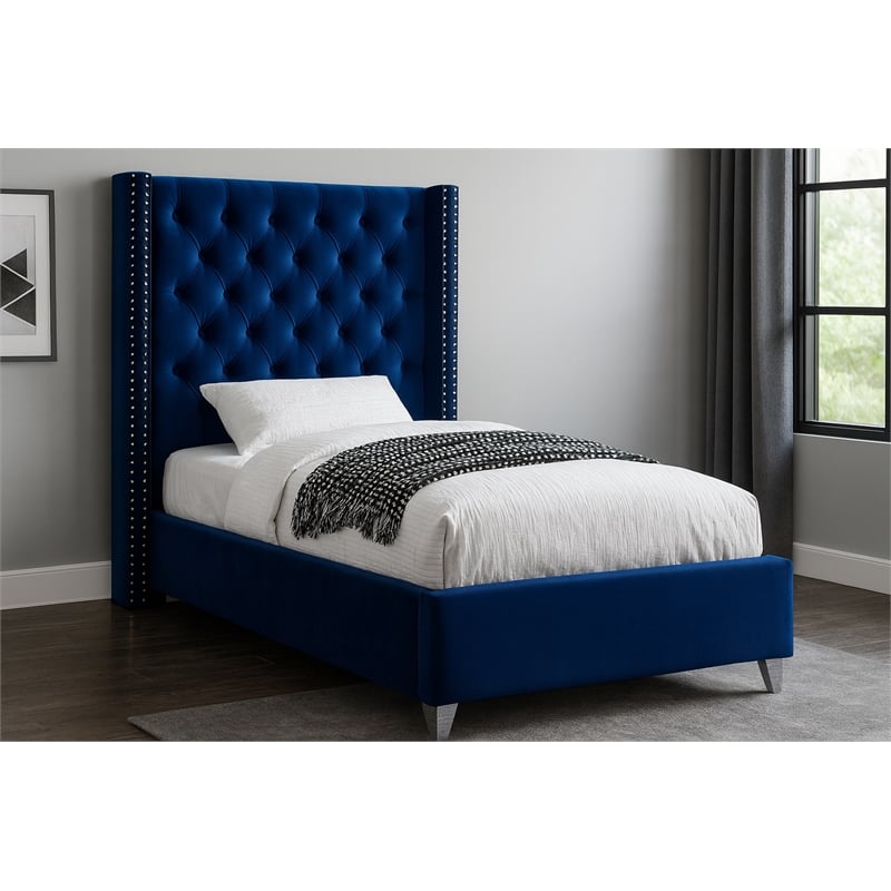 Meridian Furniture Aiden Solid Wood Tufted Velvet Wing Back Twin Bed in Navy