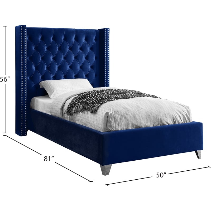 Meridian Furniture Aiden Solid Wood Tufted Velvet Wing Back Twin Bed in Navy
