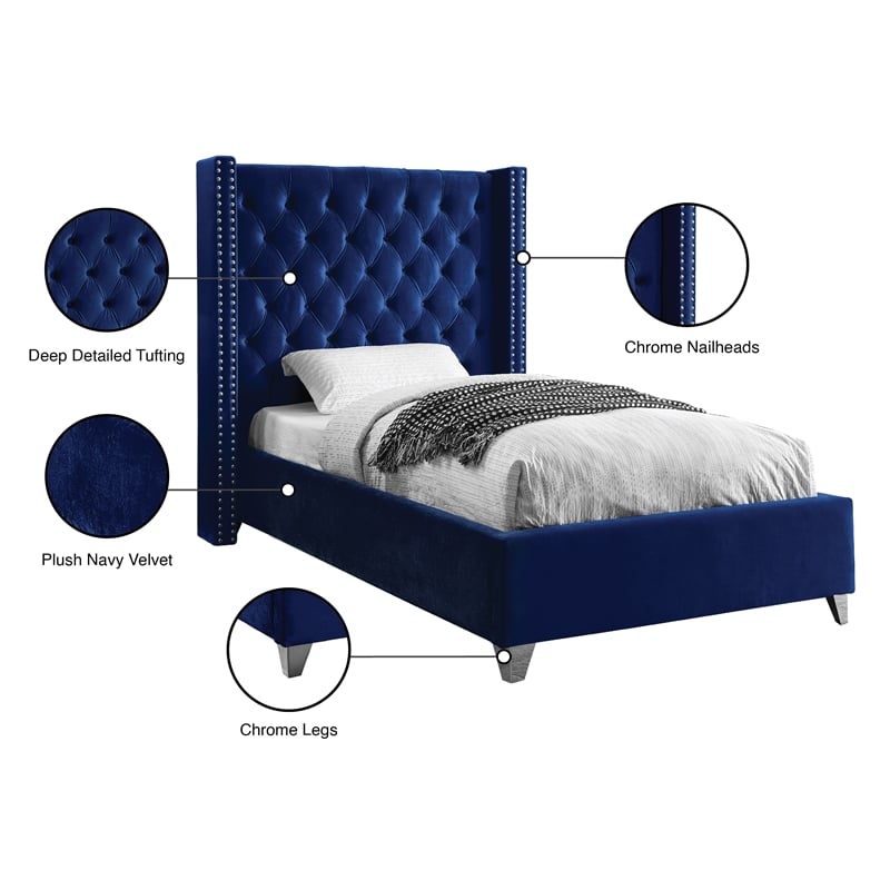Meridian Furniture Aiden Solid Wood Tufted Velvet Wing Back Twin Bed in Navy