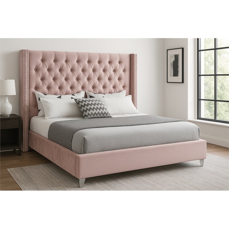 Meridian Furniture Aiden Solid Wood Tufted Velvet Wing Back Full Bed in Pink