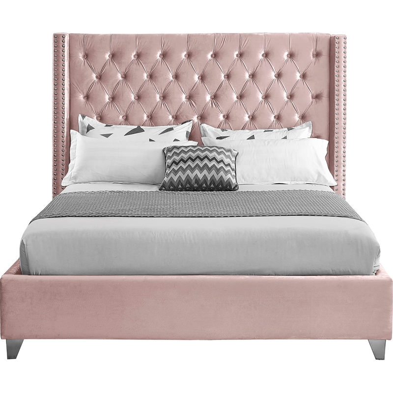 Meridian Furniture Aiden Solid Wood Tufted Velvet Wing Back Full Bed in Pink