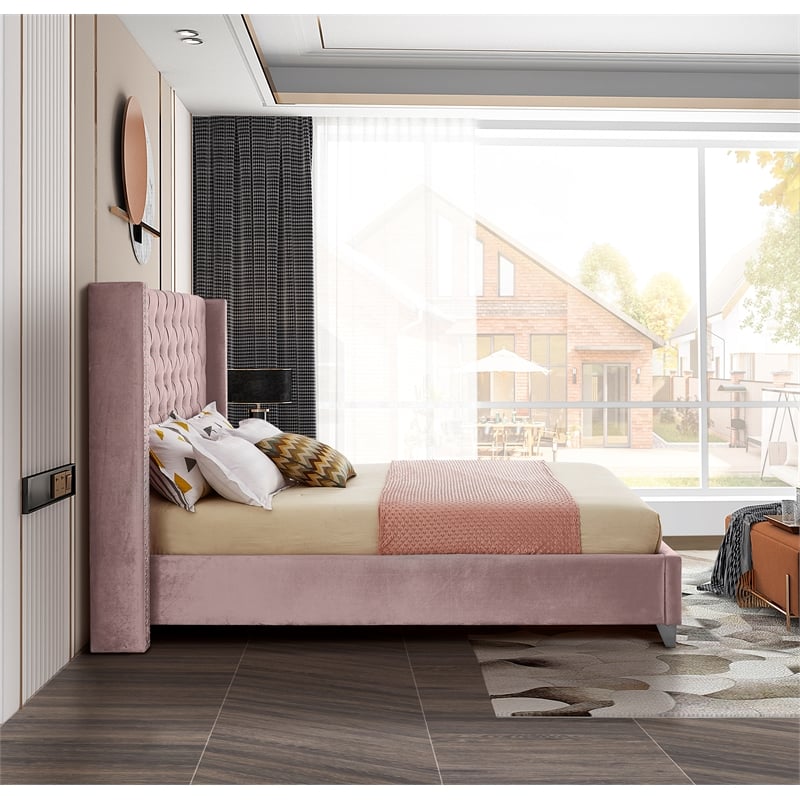 Meridian Furniture Aiden Solid Wood Tufted Velvet Wing Back Full Bed in Pink