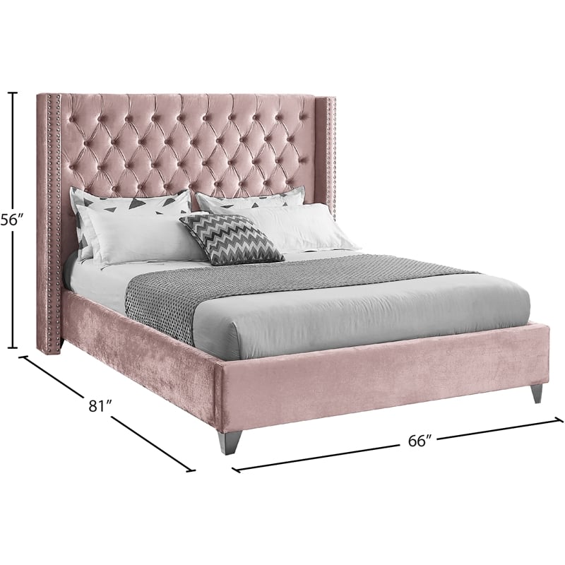 Meridian Furniture Aiden Solid Wood Tufted Velvet Wing Back Full Bed in Pink