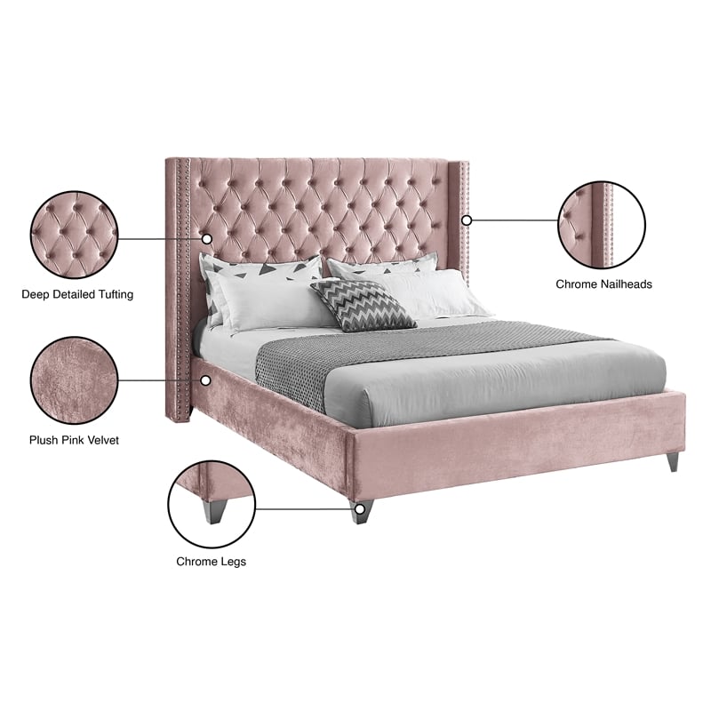 Meridian Furniture Aiden Solid Wood Tufted Velvet Wing Back Full Bed in Pink