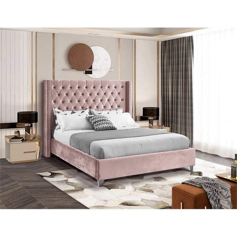 Meridian Furniture Aiden Solid Wood Tufted Velvet Wing Back Queen Bed in Pink