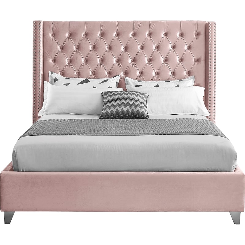 Meridian Furniture Aiden Solid Wood Tufted Velvet Wing Back Queen Bed in Pink