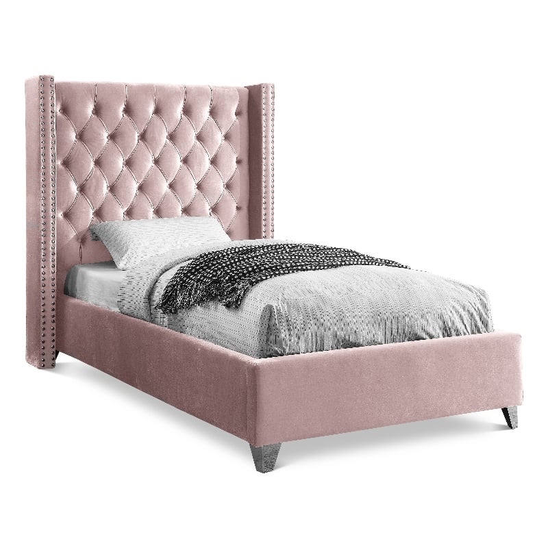 Meridian Furniture Aiden Solid Wood Tufted Velvet Wing Back Twin Bed in Pink