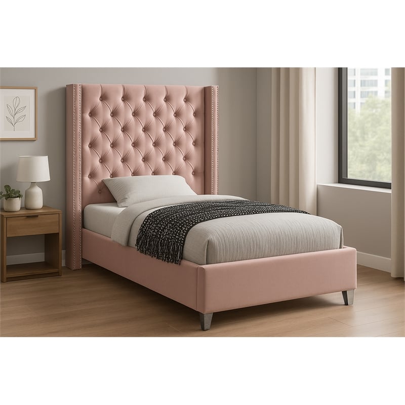 Meridian Furniture Aiden Solid Wood Tufted Velvet Wing Back Twin Bed in Pink