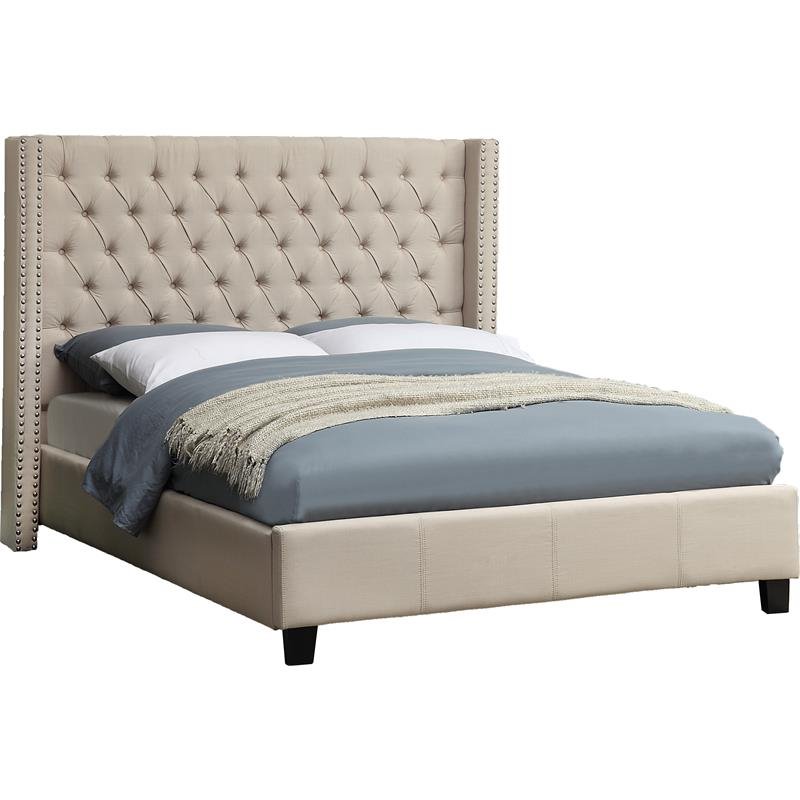 Meridian Furniture Ashton Solid Wood Linen Wing Back King Bed in Beige
