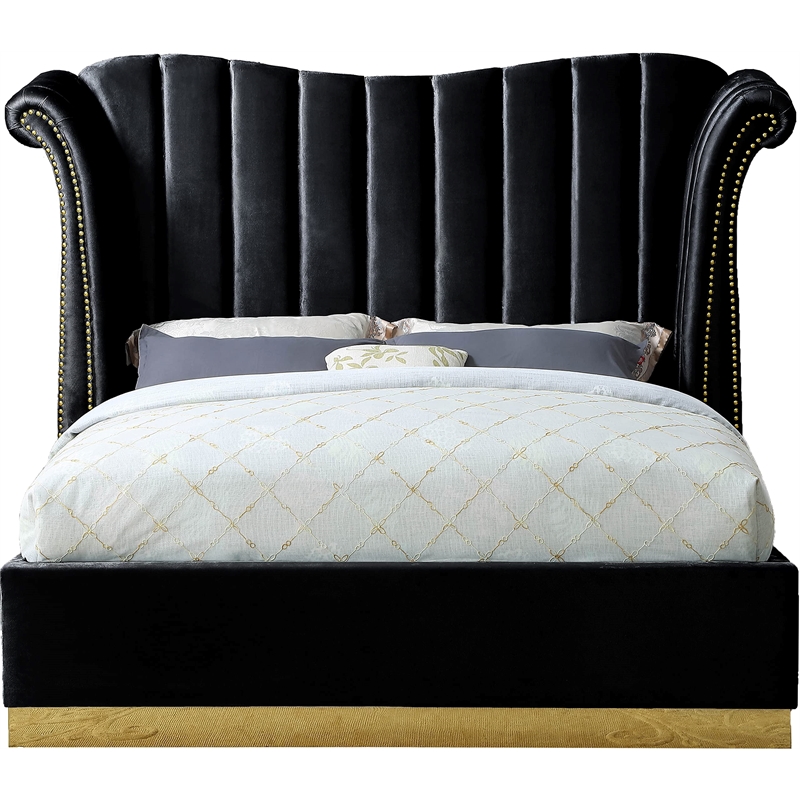 Meridian Furniture Flora Solid Wood and Velvet Queen Bed in Black