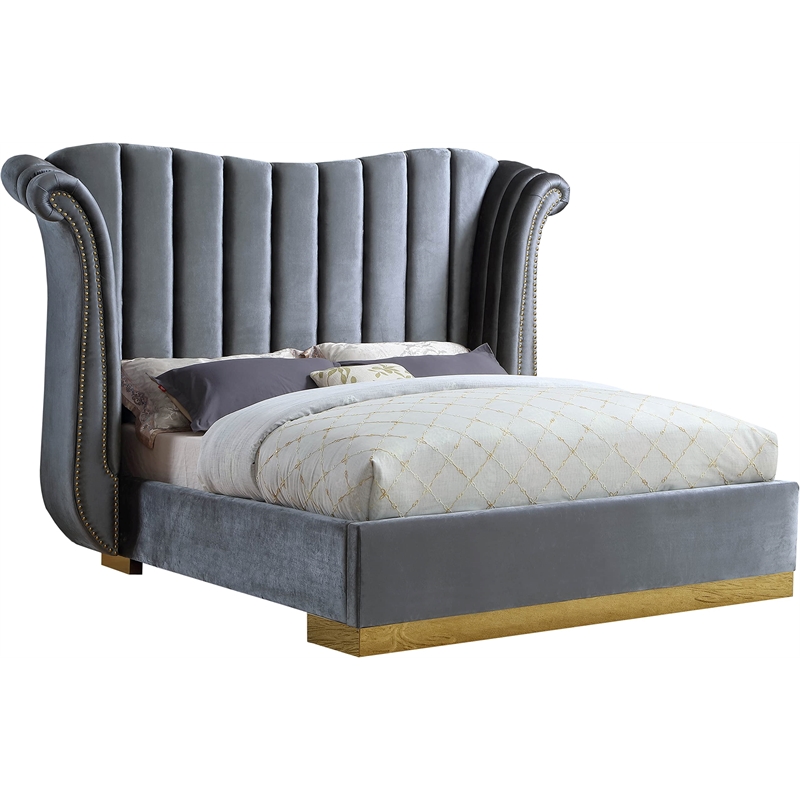 Meridian Furniture Flora Solid Wood and Velvet King Bed in Gray