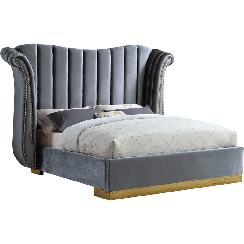 Meridian Furniture Flora Solid Wood and Velvet Queen Bed in Gray
