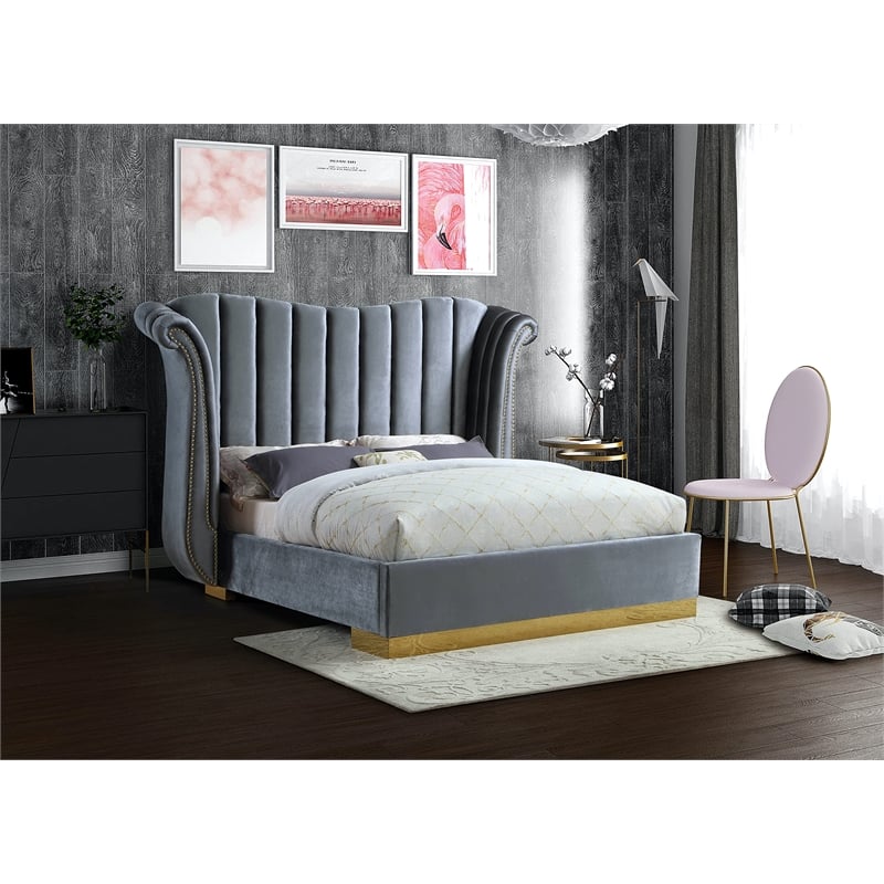 Meridian Furniture Flora Solid Wood and Velvet Queen Bed in Gray