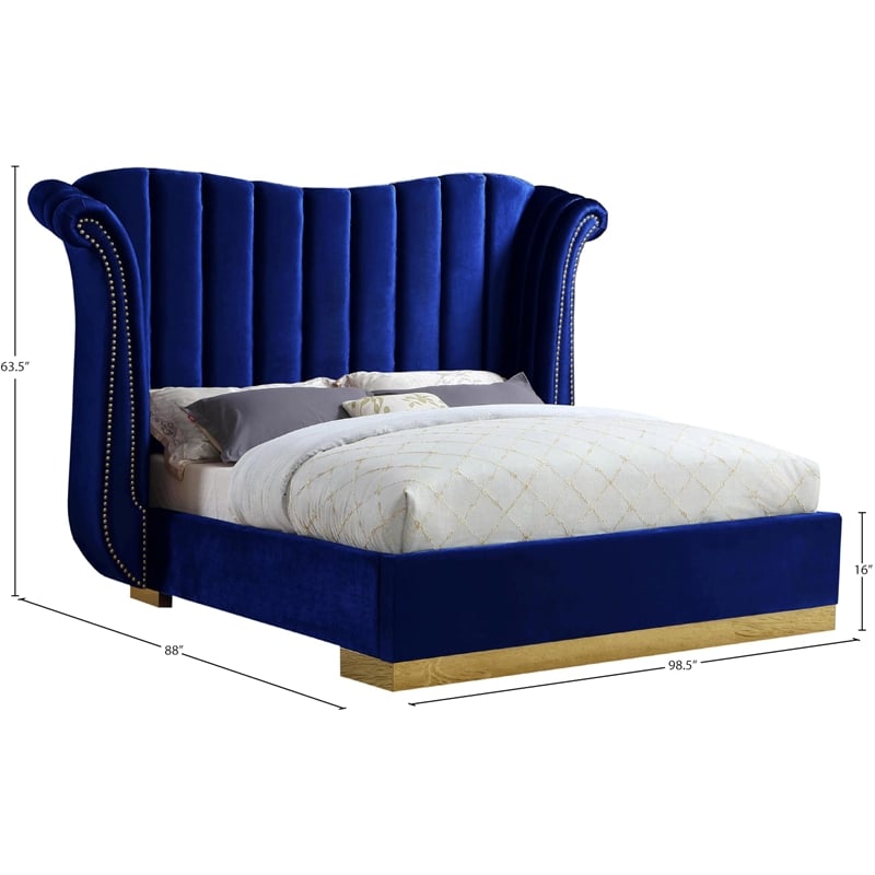 Meridian Furniture Flora Solid Wood and Velvet King Bed in Navy