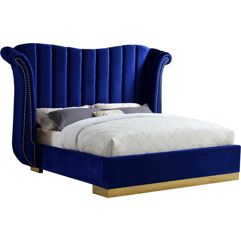 Meridian Furniture Flora Solid Wood and Velvet King Bed in Navy