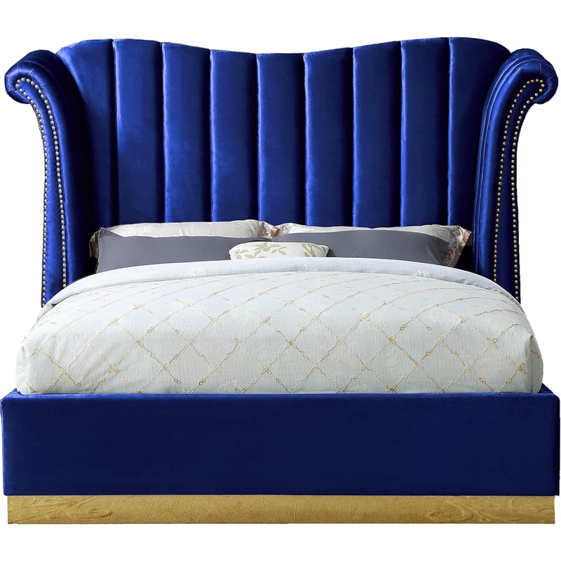 Meridian Furniture Flora Solid Wood and Velvet King Bed in Navy