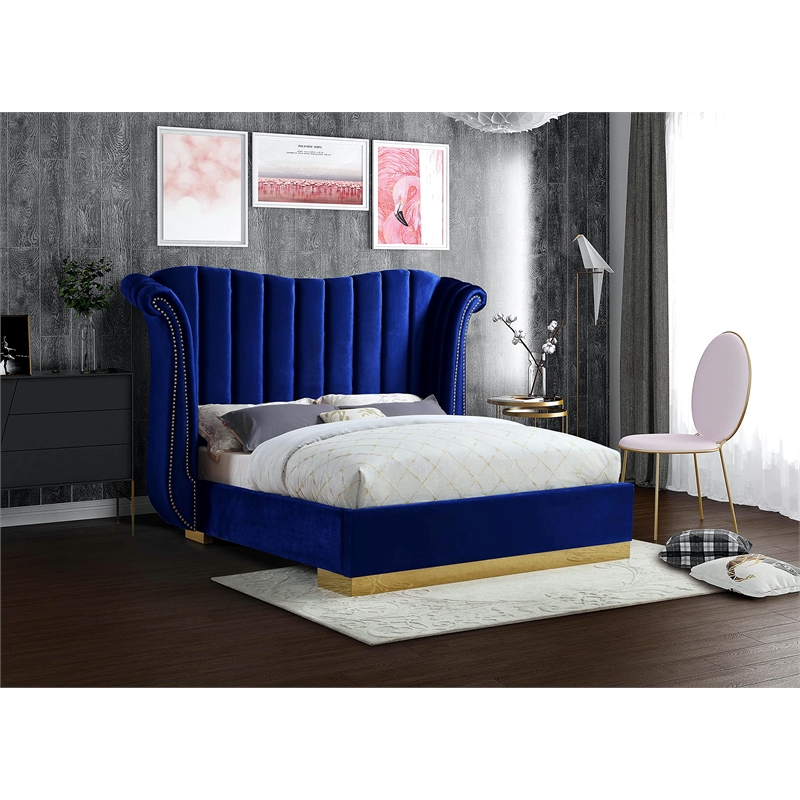 Meridian Furniture Flora Solid Wood and Velvet Queen Bed in Navy
