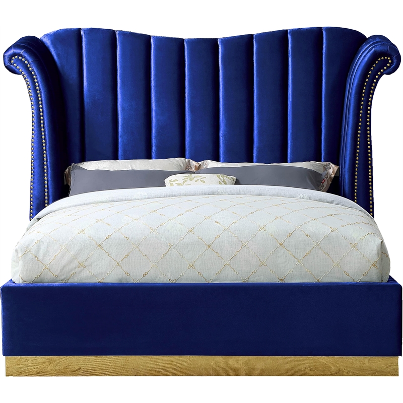 Meridian Furniture Flora Solid Wood and Velvet Queen Bed in Navy