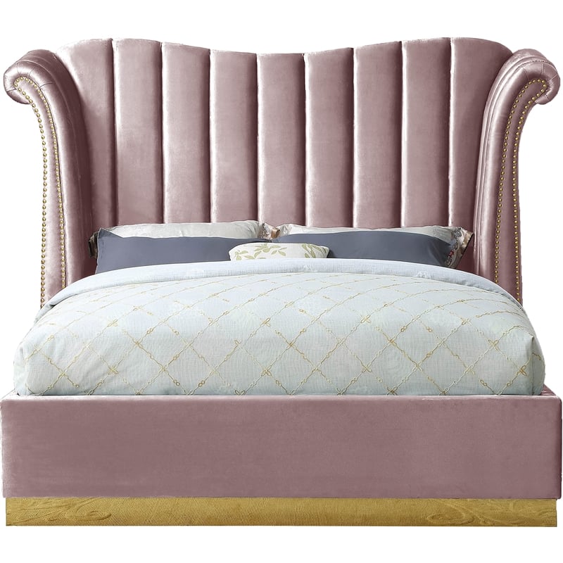 Meridian Furniture Flora Solid Wood and Velvet Queen Bed in Pink