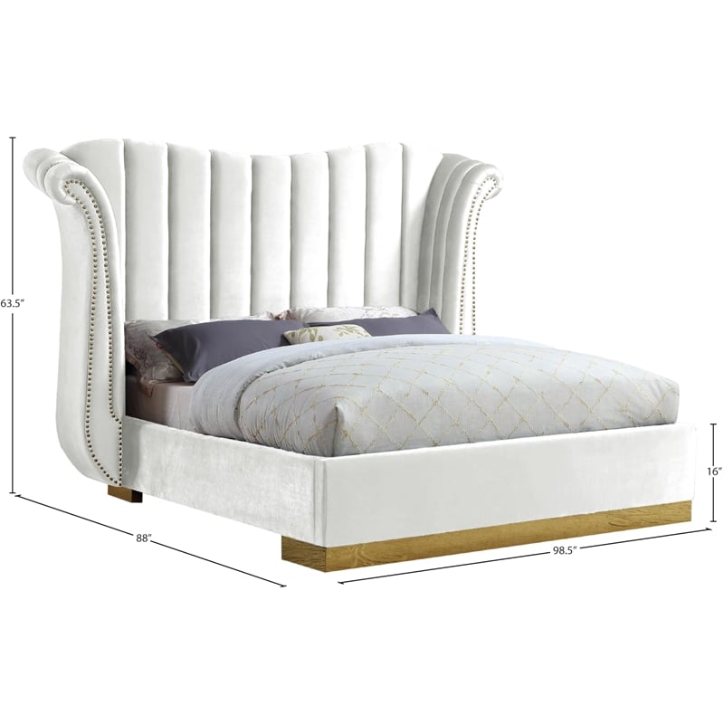 Meridian Furniture Flora Solid Wood and Velvet King Bed in White