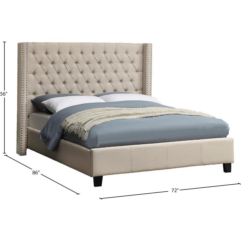 Meridian Furniture Ashton Solid Wood Linen Wing Back Queen Bed in Beige