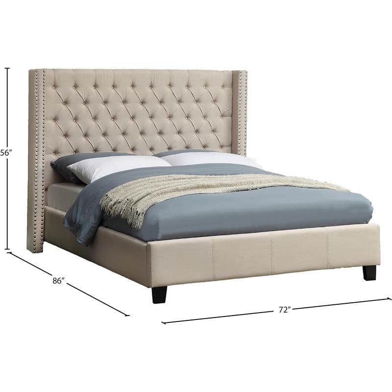 Meridian Furniture Ashton Solid Wood Linen Wing Back Queen Bed in Beige
