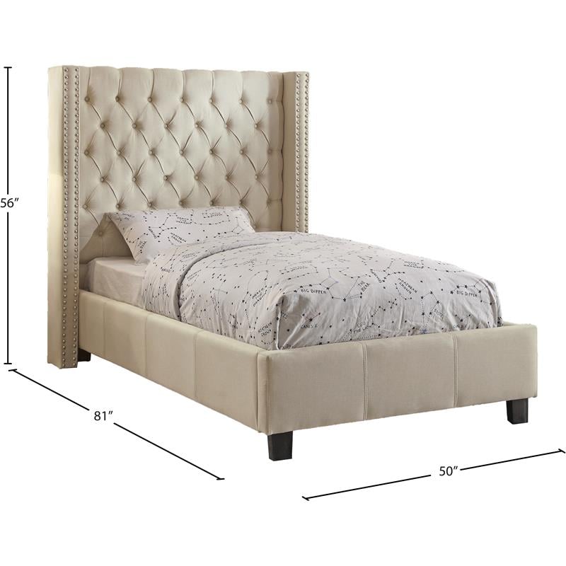 Meridian Furniture Ashton Solid Wood Linen Wing Back Twin Bed in Beige