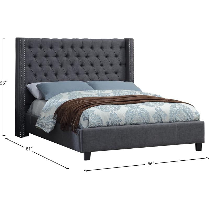 Meridian Furniture Ashton Solid Wood Linen Wing Back Full Bed in Gray
