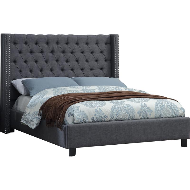 Meridian Furniture Ashton Solid Wood Linen Wing Back King Bed in Gray