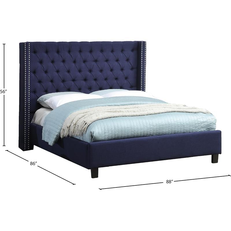 Meridian Furniture Ashton Solid Wood Linen Wing Back King Bed in Navy